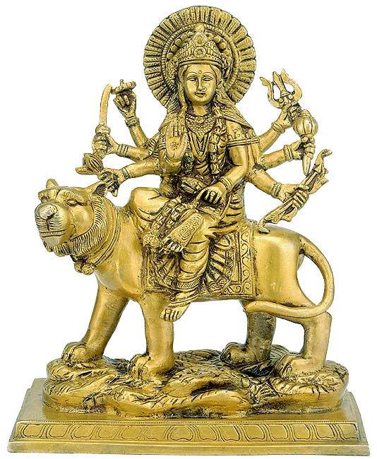 Bhagwati Durga Riding a Tiger - Brass Statue