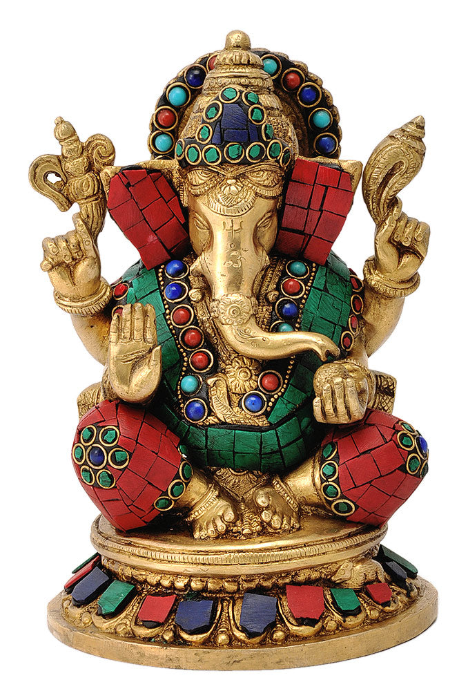 Ganesha Brass Statue with Colored Stone Work