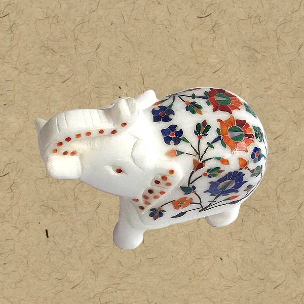 Alabaster Stone Elephant with Floral Inlay