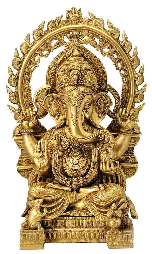Large Brass Ganesha Sculpture with Mouse Arch