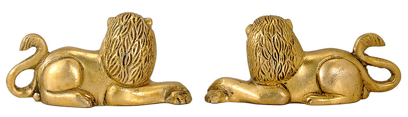 Seated Lion Pair Brass Statues