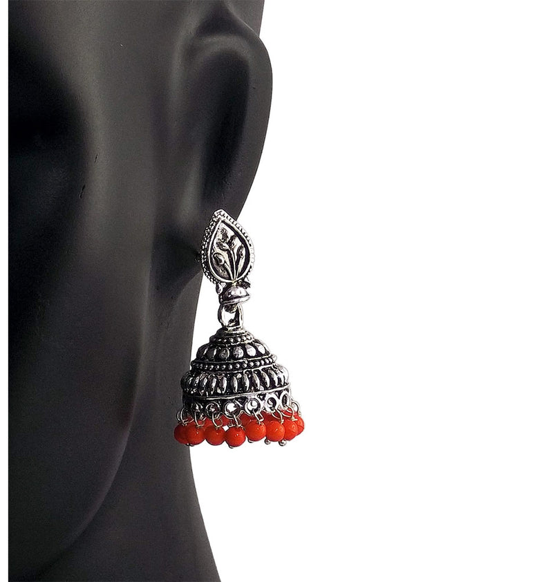 Orange Beads Traditional Indian Style Sliver Color Jhumki Earrings