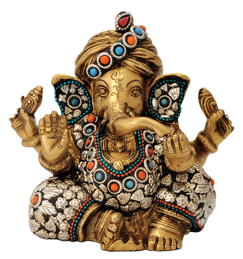God Ganesha Wearing Turban Brass Statue
