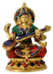 Devi Saraswati Brass Sculpture with Colored Stone Decor