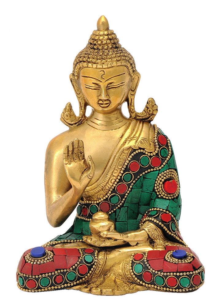 Buddha Brass Sculpture with Turquoise Coral Color Finish
