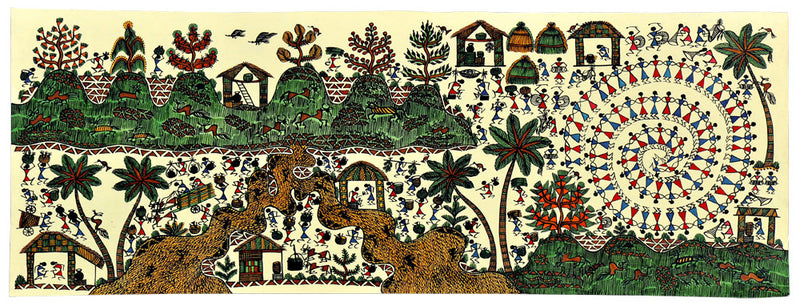 'Joyful Day' Warli Painting on Handmade Paper