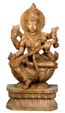 Divine Goddess Saraswati - Wood Sculpture