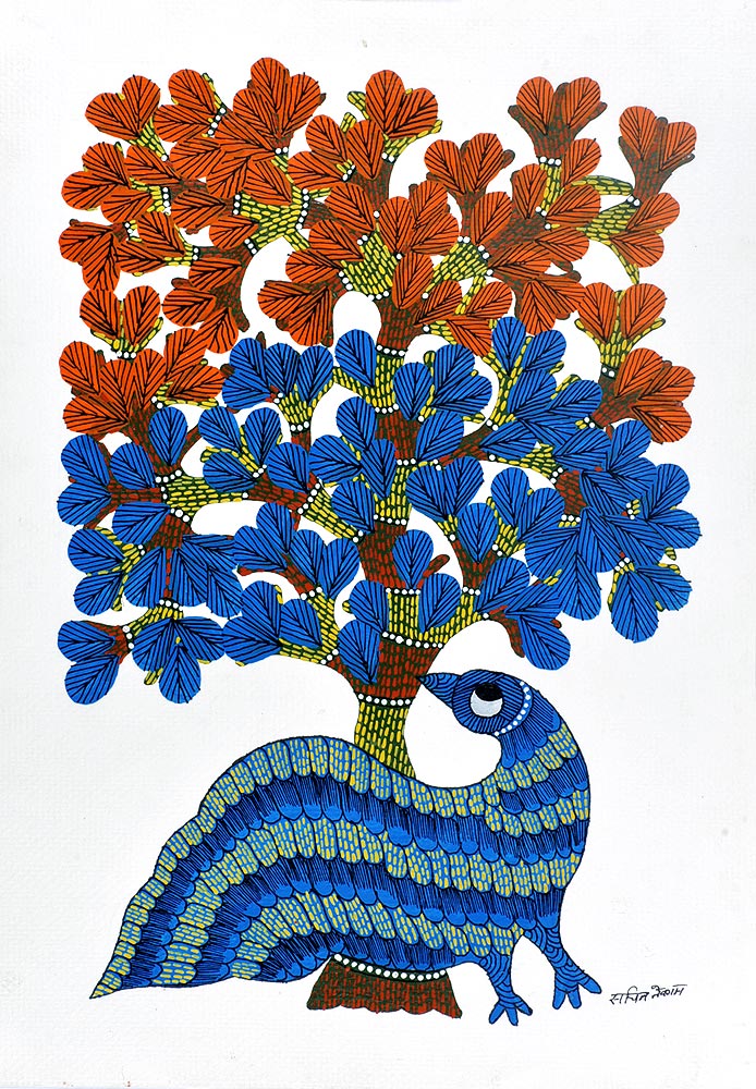 Birds Beneath Tree - Gond Tribal Painting