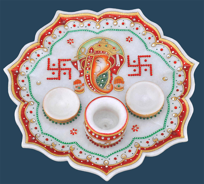 Hand Painted Marble Ganesha Pooja Thali