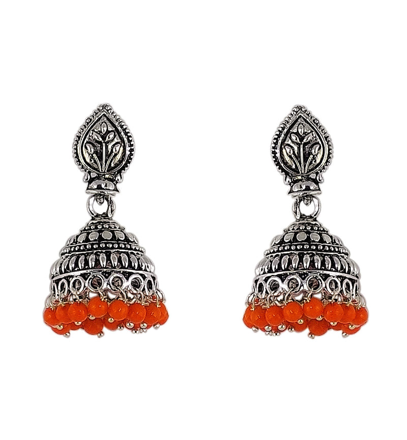 Orange Beads Traditional Indian Style Sliver Color Jhumki Earrings