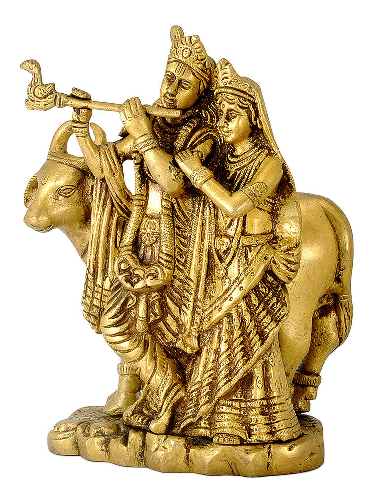 Radha Krishna with Gau - Fine Brass Statue
