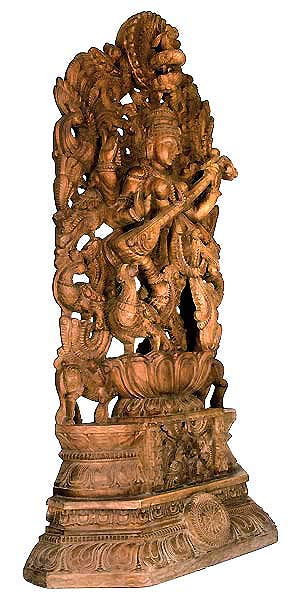Veena Vadini Ma Saraswati - 4ft. Wood Statuette