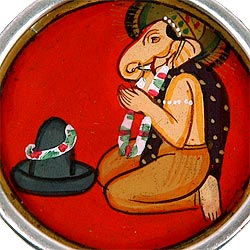 Ganesha Worships Shiva Linga - Hand Painted Pendant