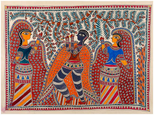 Krishna with Gopis - Mithila Painting 30"