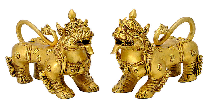 Chinese Feng Shui Lion Pair in Brass