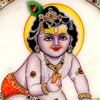 Baby Krishna Holding Laddoo - Marble Painting