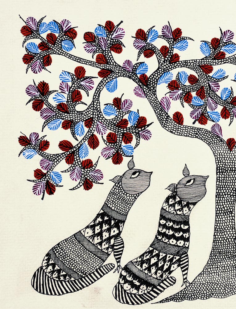 Big Cats Under the Tree - Gond Painting