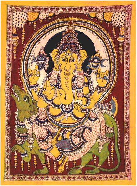 Ganesha Seated on Rat - Cotton Kalamkari Painting