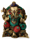 Mosaic Enthroned Brass Ganesha 12.50"