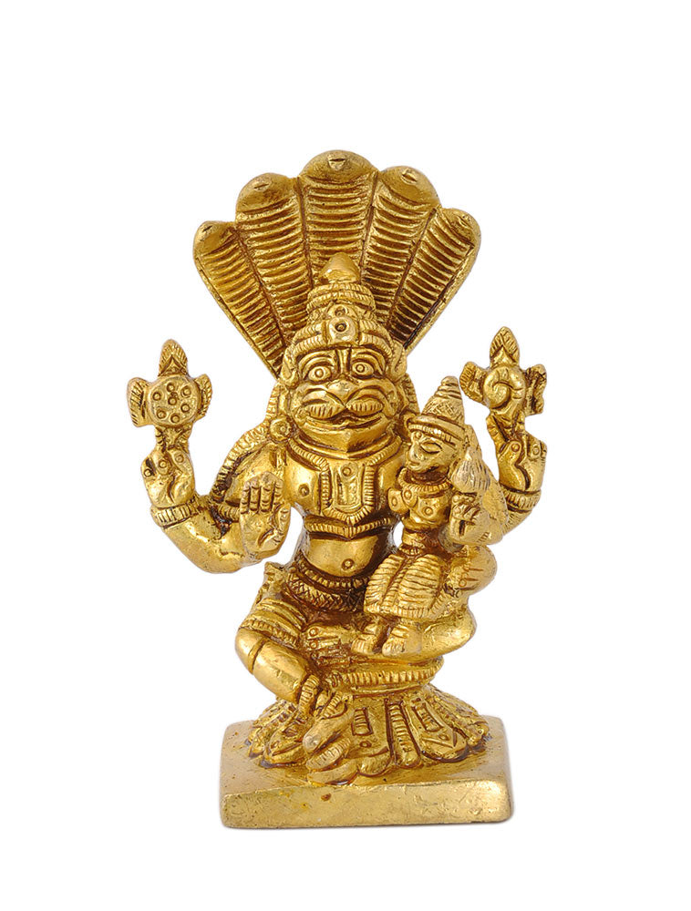 God Narasimha Lakshmi Brass Statuette 3.25"