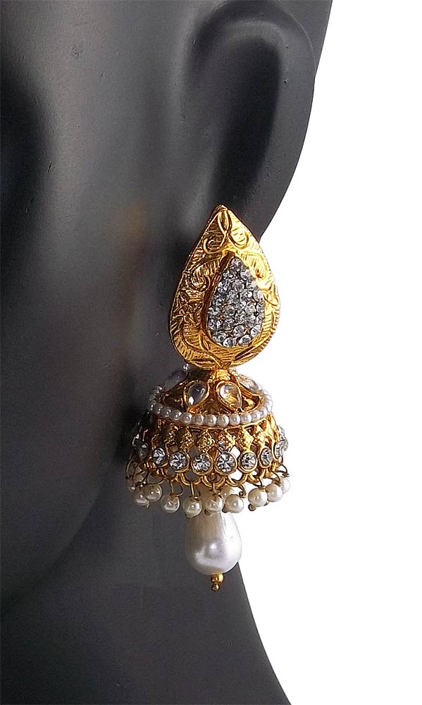 Designer Stone Studded Metal Jhumka Earrings