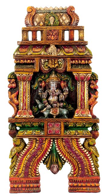 'Ganesha in Temple' Painted Wood Panel
