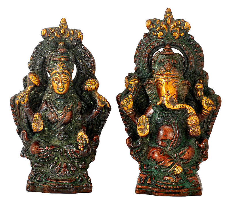 Brass Ganesha and Lakshmi Figurine Set