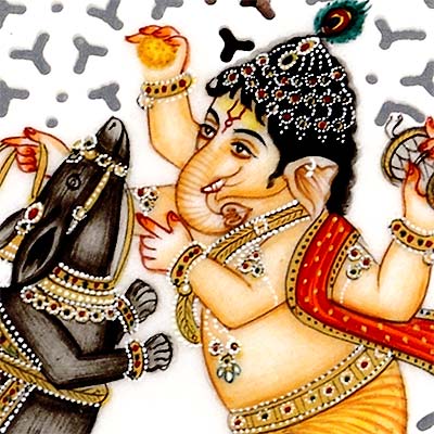 Baby Ganesh Plays with Mouse - Marble Painting