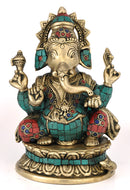 Seated Chaturbhuj Ganesha - Brass Sculpture 9.50"