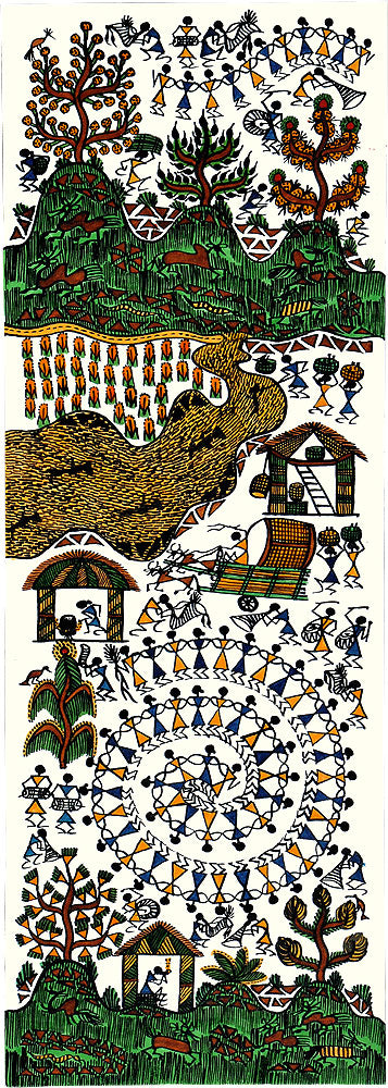 Tribal Village Scene - Warli Painting