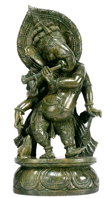 Lord Ganesh as Flute Player - Stone Sculpture