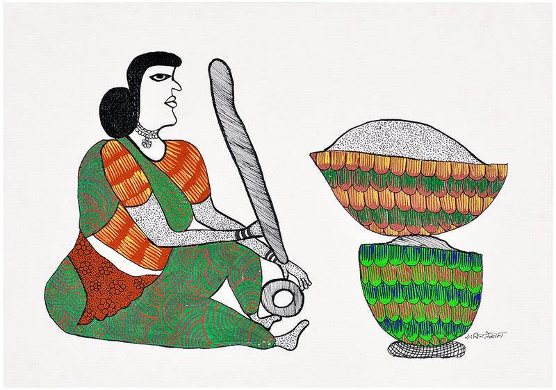 Woman Grinding Spices for Meal