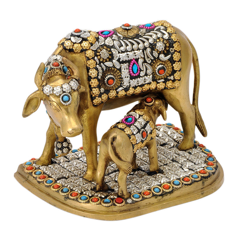 Beautiful Ornate Cow & Calf Brass Statuette 6.50"