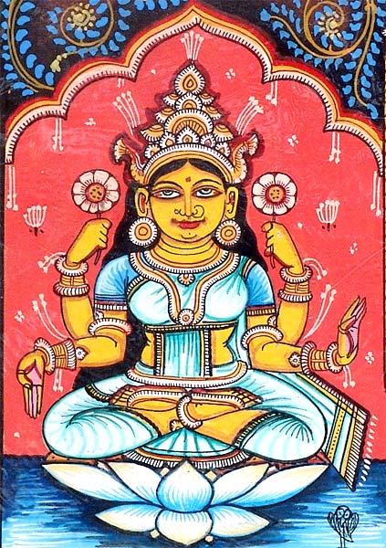 Lord Ganesha, Ma Lakshmi & Ma Saraswati - Paata Painting