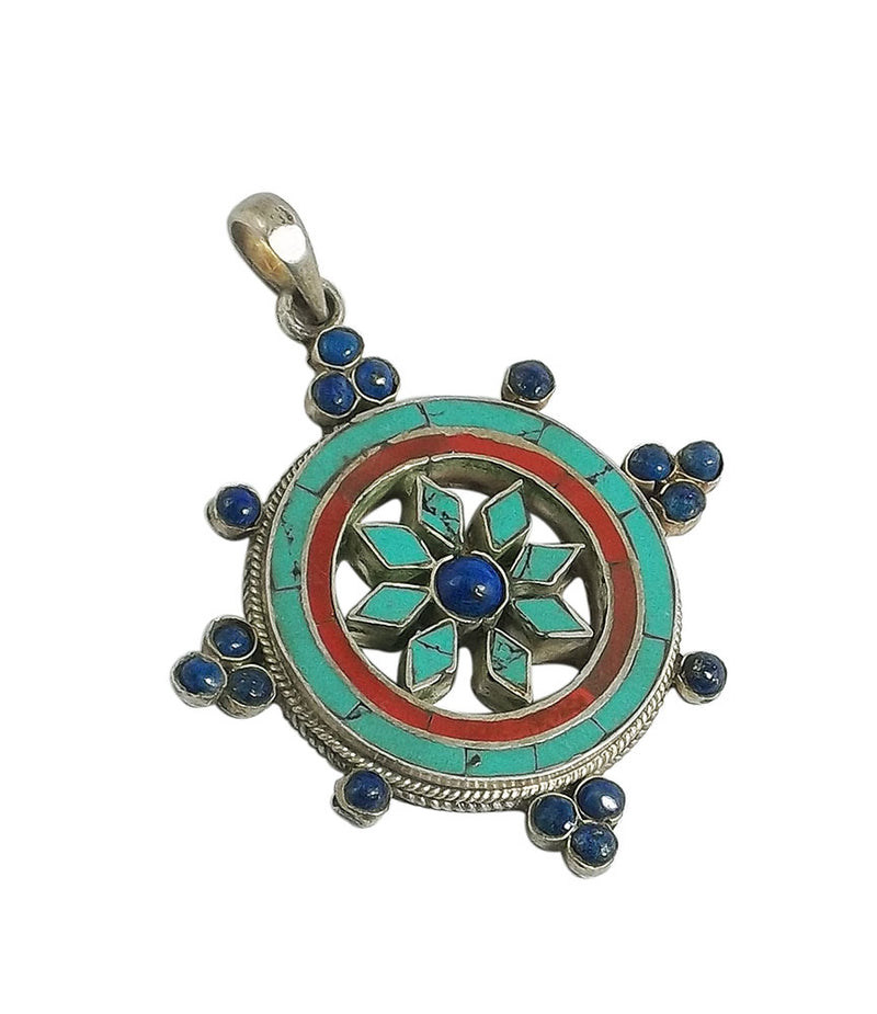 Stone Studded Dharma Wheel Silver Pendant