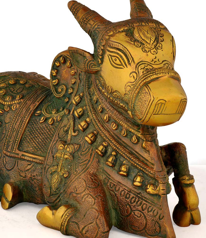 Auspicious Nandi Bull Statue In Brass 9"