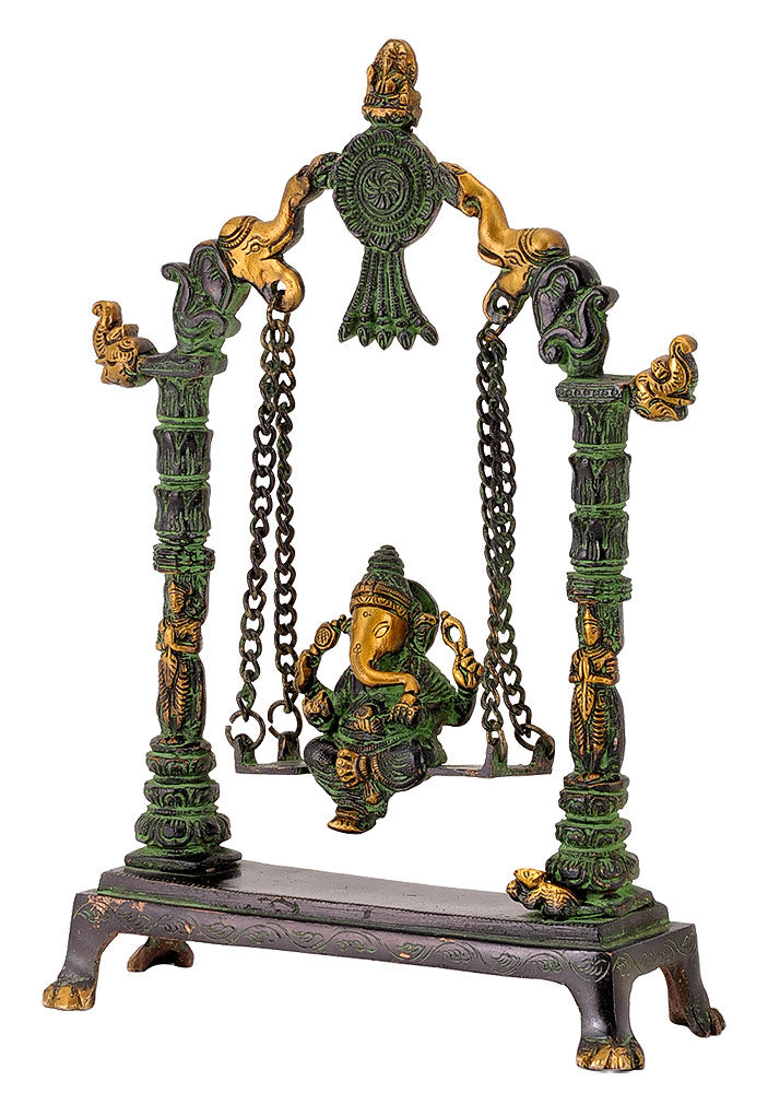 Ganesha Seated on Jhula - Brass Figurine