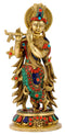 Lord Krishna Brass Figurine with Stones