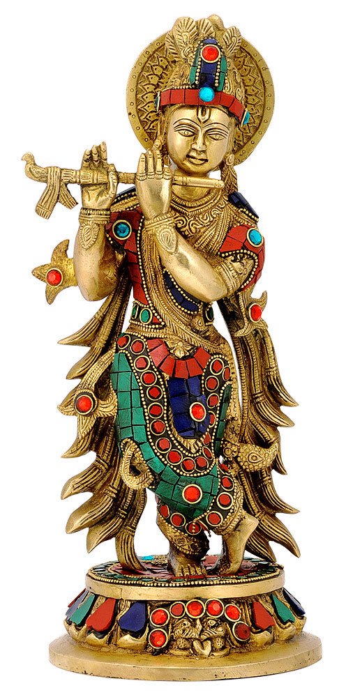 Lord Krishna Brass Figurine with Stones