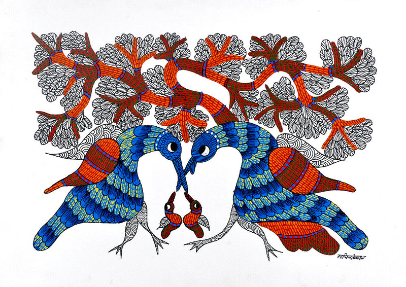 Bird Family - Gond Tribal Painting