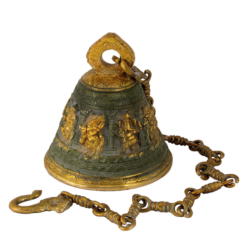 Ashta Ganesha in Antique Green Finish Brass Bell