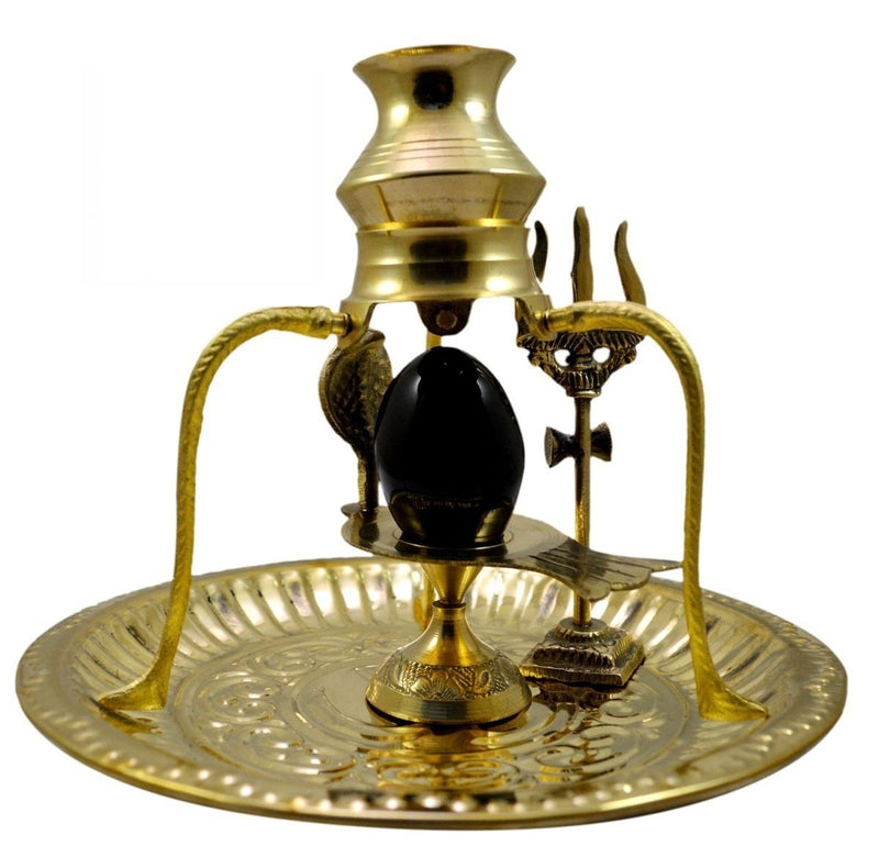 Black Shivling with Brass Trishul Jalahari Yoni, Plate, Kalash with Stand