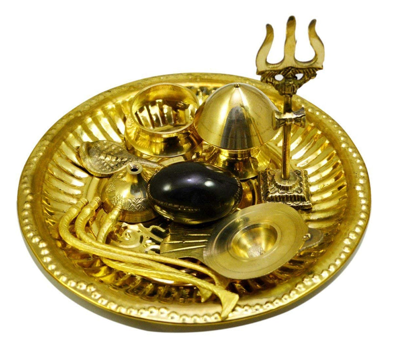 Black Shivling with Brass Trishul Jalahari Yoni, Plate, Kalash with Stand
