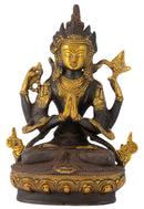 Avalokiteśvara Seated on Lotus Throne Antique Finish Brass Statue 8" Tall Figurine Sculpture