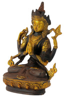 Avalokiteśvara Seated on Lotus Throne Antique Finish Brass Statue 8" Tall Figurine Sculpture