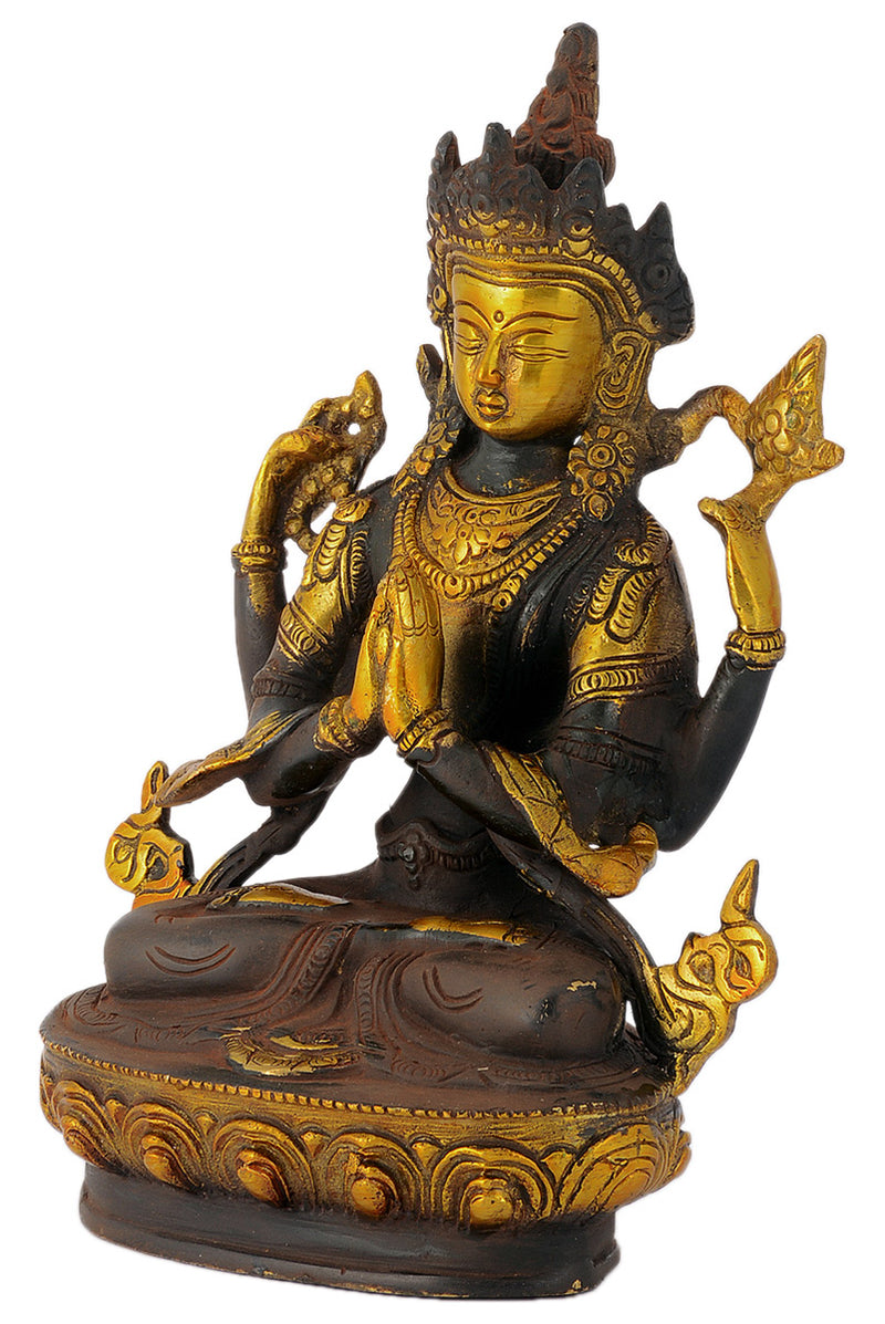 Avalokiteśvara Seated on Lotus Throne Antique Finish Brass Statue 8" Tall Figurine Sculpture
