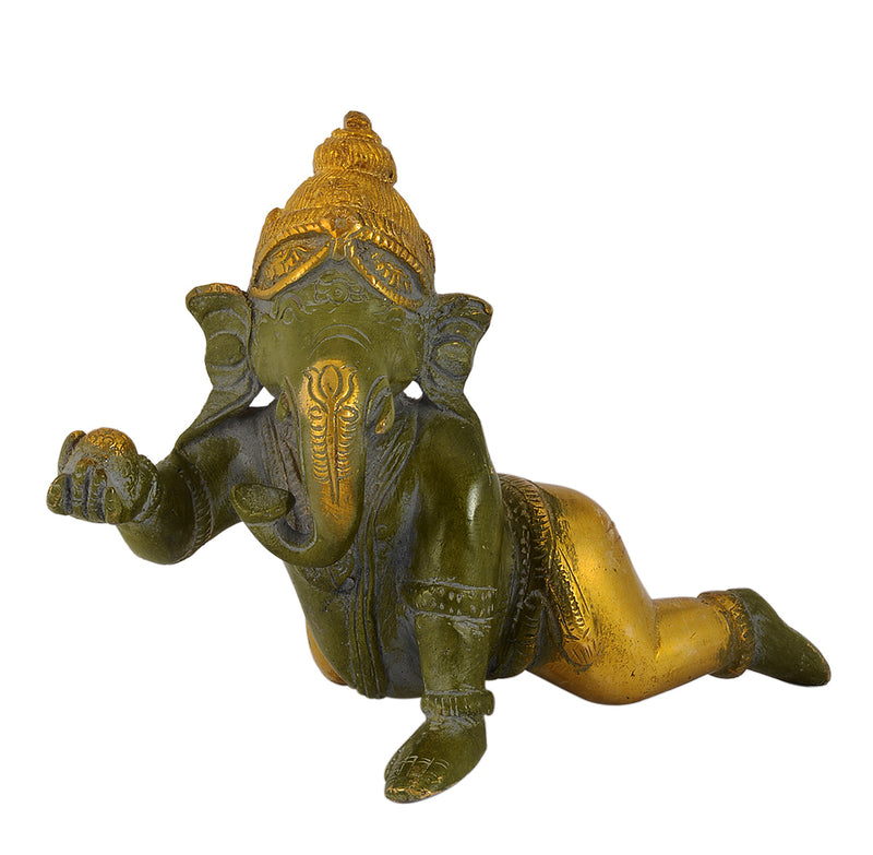 Antique Green Finished Crawling Laddu Ganesha Brass Statue