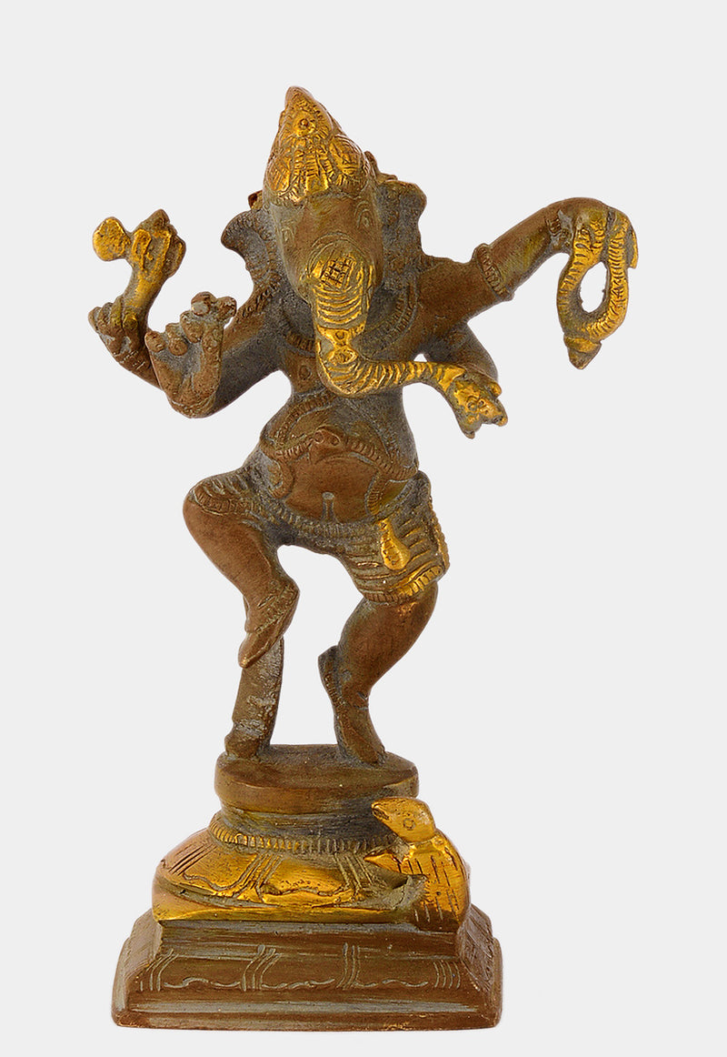Dancing Lord Ganesha Small Brass Sculpture in Brown Finish