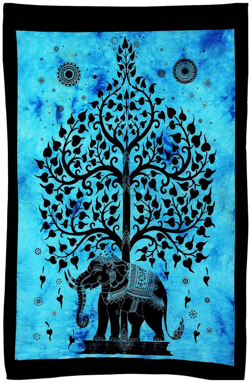Tree of Life with Elephant Tie Dye Cotton Tapestry Wall Hanging