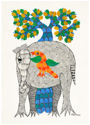 Elephant And Bird Under Tree - Gond Painting